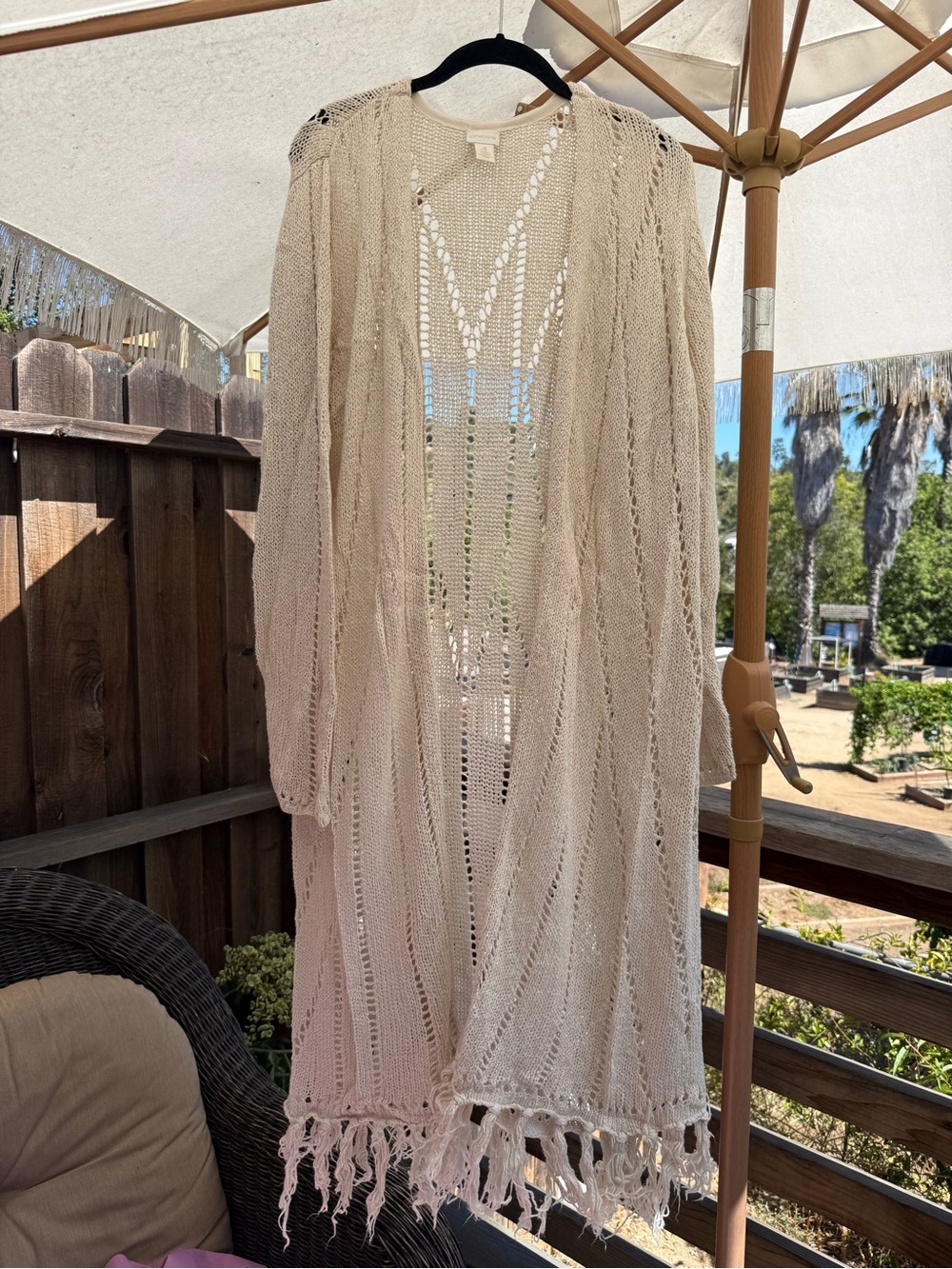 Chico’s Cream Open Knit Long Cardigan XXL Boho Fringe Duster Sweater